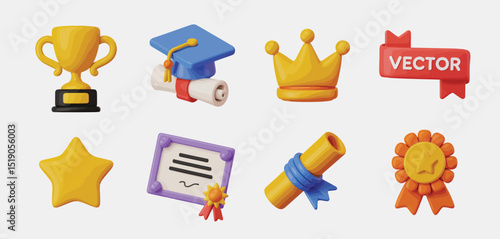 3D Rendered Graduation and Achievement Icons Set
