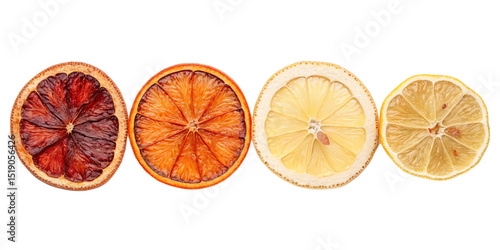  four dried slices of citrus fruits including blood orange, orange, and lemon isolated on a white background