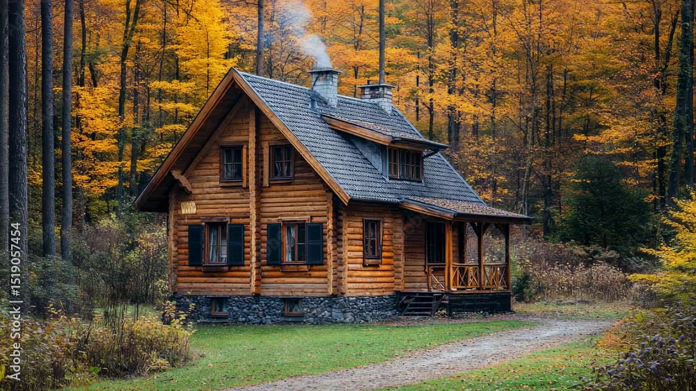 Cabin Retreat in Autumn Forest: Tranquil Log Home Surrounded by Vibrant Fall Foliage Cabin Retreat in Autumn Forest: Tranquil Log Home Surrounded by Vibrant Fall Foliage