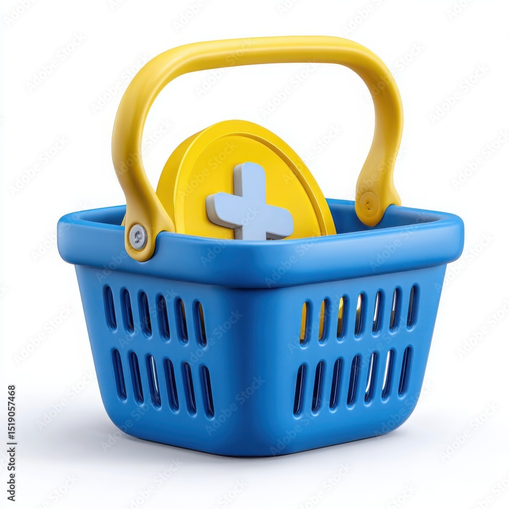 Fototapeta premium Basket with coins and plus sign on a white background