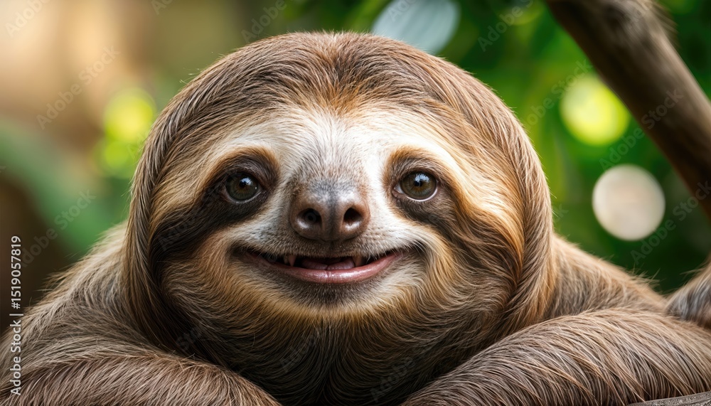 Fototapeta premium Playful Brown Spotted Sloth with a Toothy Grin Amidst the Vibrant Tropics, Embracing Joy and Peace in the Lush, Colorful Rainforest Canopy