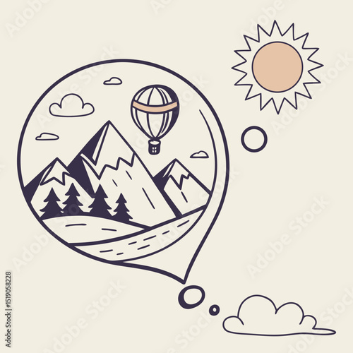 Hot air balloon flying over mountains and trees in a thought bubble  