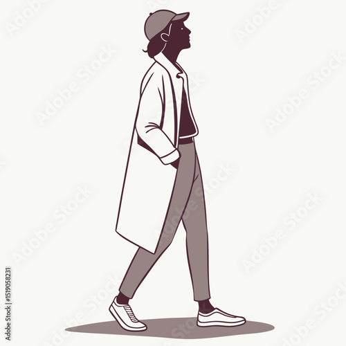 Person walking in stylish outfit with cap and sneakers against plain background  