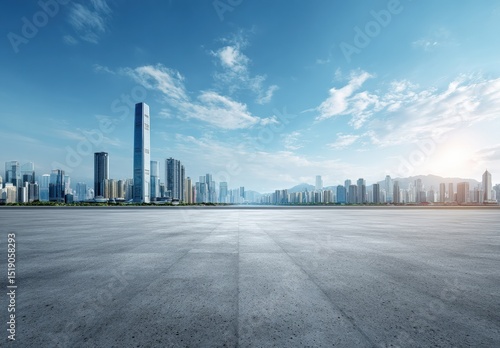 Fototapeta Naklejka Na Ścianę i Meble -  Featuring an empty asphalt road stretching towards a modern city skyline, showcasing impressive buildings against a clear blue sky
