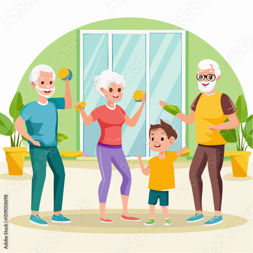 Cheerful illustration depicting a family of grandparents and a grandchild exercising together indoors in a bright and inviting environment.