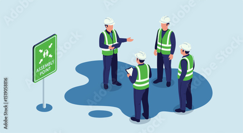 Workplace Safety Briefing: Workers Gathering at an Assembly Point for Instructions