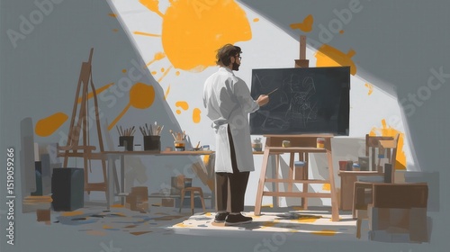 Artist in Studio Creating Drawing with Paint Splashes on Wall