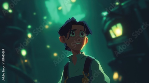 Boy in fantasy world with glowing lights and mysterious atmosphere