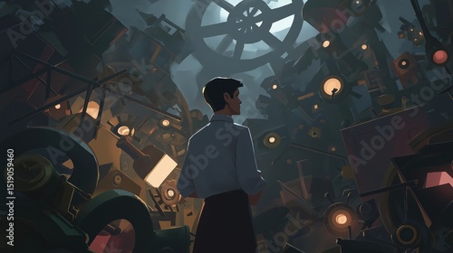 Man in Dark Workshop Surrounded by Mysterious Gears and Lights