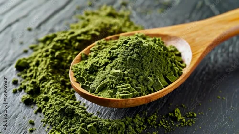 A wooden spoon filled with green powder, likely a natural supplement or superfood. A wooden spoon filled with green powder, likely a natural supplement or superfood.