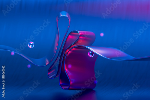 Abstract 3D design with neon glass ribbon and spheres on a colorful background