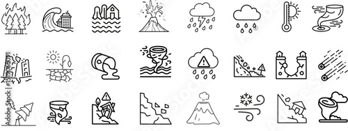 Disaster, weather hazard line icon set. Vector pictograms of natural and environmental calamities, eruption, blizzard thin linear wildfire, earthquake, tornado, flood, tsunami, volcanic illustration.