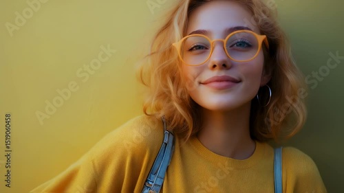 Wallpaper Mural Charming young woman with red hair and stylish glasses posing against a yellow wall Torontodigital.ca