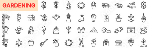 Gardening Line Icon Design Featuring Flowers, Potted Plants, Gardening Tools, Shovels, Gloves, Seeds, Watering Cans, Soil Bags, Trowels, and Outdoor Plant Care Elements