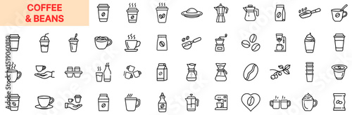 Coffee and Beans Line Icon Design Featuring Coffee Cups, Beans, Brewing Tools, Takeaway Cups, Espresso Machines, Milk Bottles, Creamers, Mugs, and Roasted Grinders