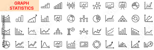 Graph Statistics Line Icon Design Featuring Bar Charts, Line Graphs, Pie Charts, Data Analytics, Percent Indicators, Dashboard Elements, Trend Arrows, and Comparative Diagrams