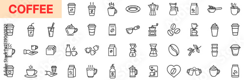 Coffee and Beverage Line Icon Design Featuring Coffee Cups, Beans, Mugs, Espresso Machines, Takeaway Cups, Spoons, Drippers, Creamers, Coffee Makers, and Brewing Utensils