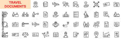 Travel Documents Line Icon Design Featuring Passports, Boarding Passes, Visa Applications, ID Cards, Airplane Tickets, Immigration Papers, Location Pins, Flight Icons, and Government Approvals
