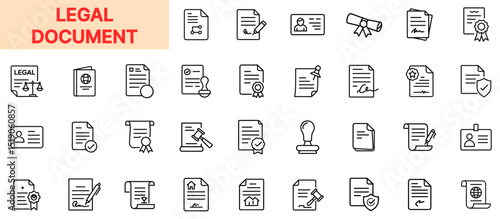 Legal Document Line Icon Design Featuring Contracts, Certificates, Diplomas, Seals, Law Papers, Signatures, ID Cards, Official Stamps, Legal Shields, and File Approvals