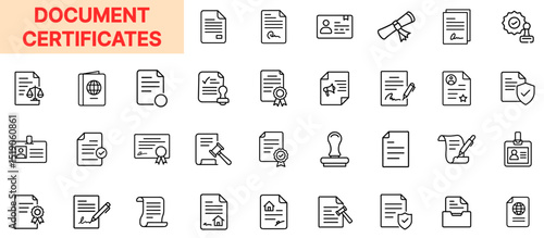 Document Certificates Line Icon Design Featuring Diplomas, ID Badges, Legal Files, Medals, Award Seals, Document Papers, Signature Icons, Stamps, and Recognition Forms