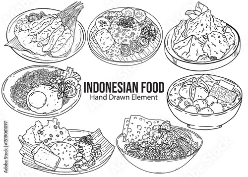 Hand drawn sketch of a set of Indonesian food, yellow rice, pecel rice, satay, rendang, bakso, fried noodles, chicken noodles. simple, vector, editable, packaging design, background, element, line art