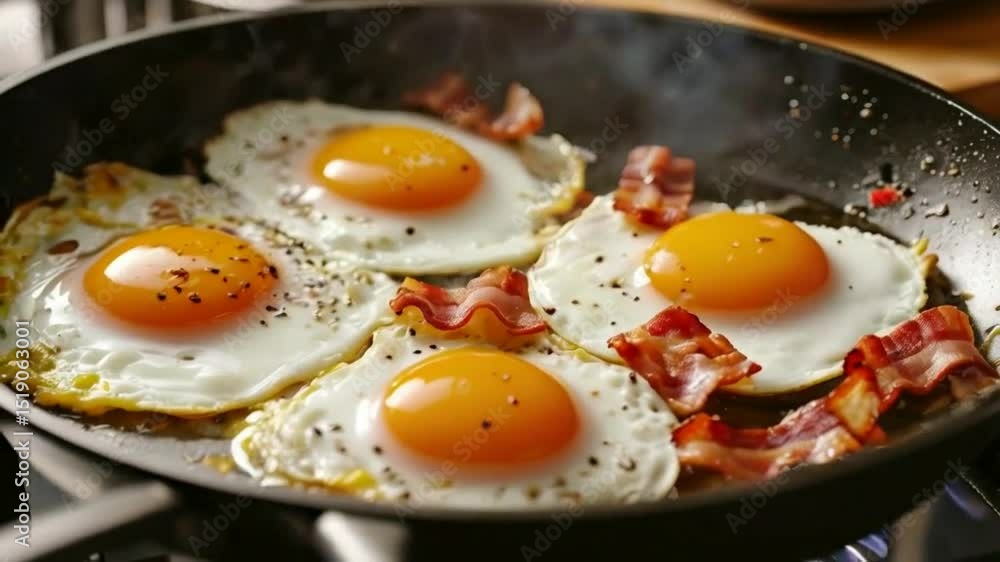 A frying pan with four sunny-side-up eggs and crispy bacon, garnished with pepper. A frying pan with four sunny-side-up eggs and crispy bacon, garnished with pepper.