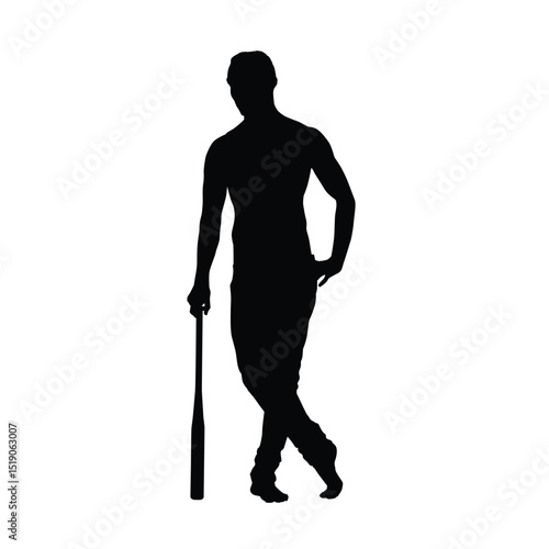 A silhouette of a man standing casually while holding a baseball bat beside him in a relaxed pose