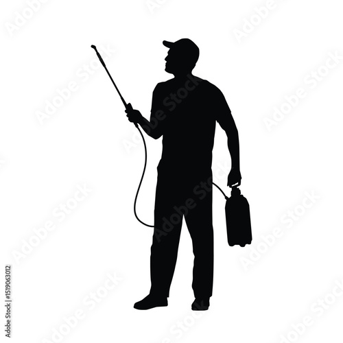 A silhouette of a man wearing a cap holding a sprayer, likely spraying pesticides or disinfectants