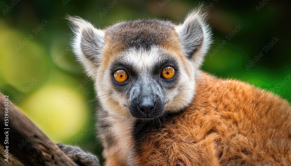 Obraz premium Pensive Lemur Observes the Rainforest from its Perch, Majestic Greens and Earthy Textures Blend with a Drizzling Canopy in the Enchanting Wilderness