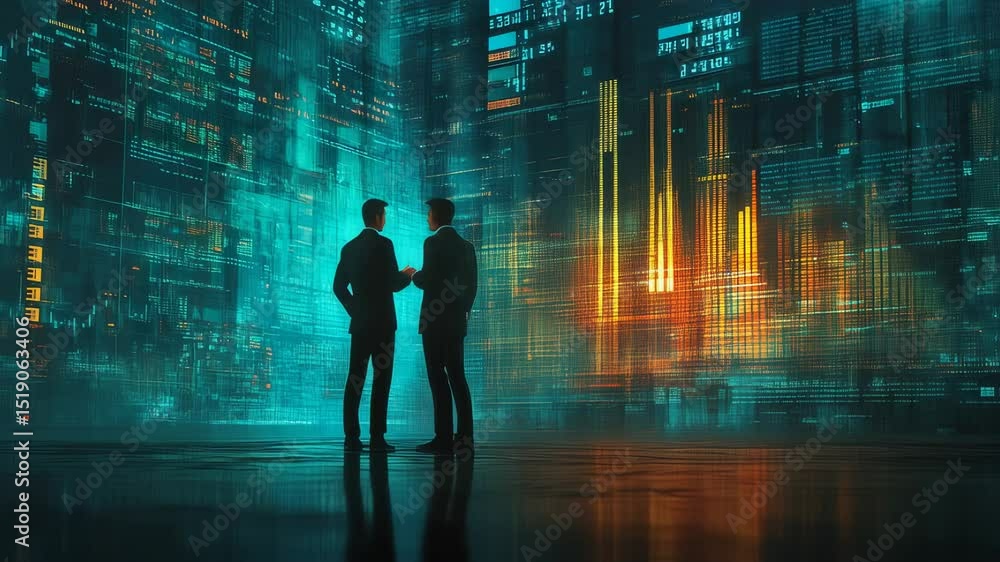 Business meeting in a futuristic city with digital technology integration and handshake Business meeting in a futuristic city with digital technology integration and handshake