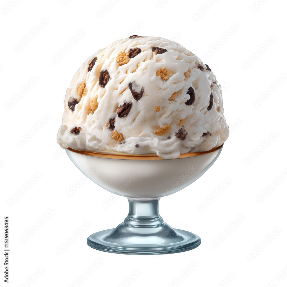 Delicious ice cream scoop topped with chocolate chips in a classic glass dessert bowl. cut out. transparent background Delicious ice cream scoop topped with chocolate chips in a classic glass dessert bowl. cut out. transparent background