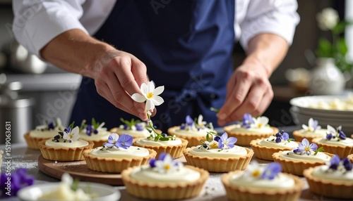Chef in apron plating coconut yogurt tartlets with edible flowers. Professional culinary art in modern kitchen, elegant gourmet dessert presentation, healthy and creative fine dining concept.