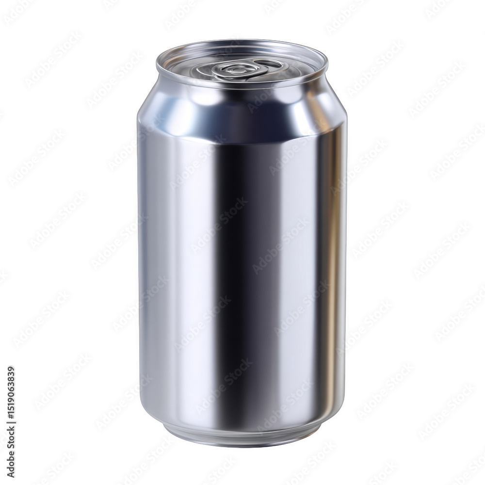 A metallic can with a smooth, shiny surface and a standard lid design, commonly used for beverages. cut out. transparent background A metallic can with a smooth, shiny surface and a standard lid design, commonly used for beverages. cut out. transparent background
