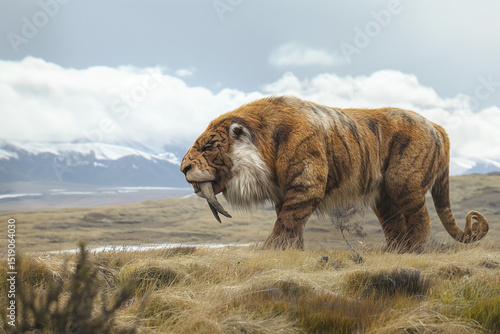 Saber-Toothed Tiger Depicted in Prehistoric Wildlife Illustration Symbolizing Extinct Predator. Generative AI