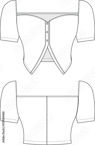 sweetheart neck square neck backless short sleeve buttoned lowcut cutout hem fit sport blouse top shirt template technical drawing flat sketch cad mockup fashion woman design style model 
