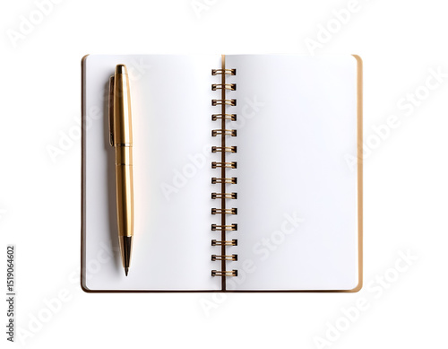 Open Notebook and Golden Pen: A top-down view of a spiral-bound notebook, its blank pages inviting creative exploration, accompanied by an elegant golden pen