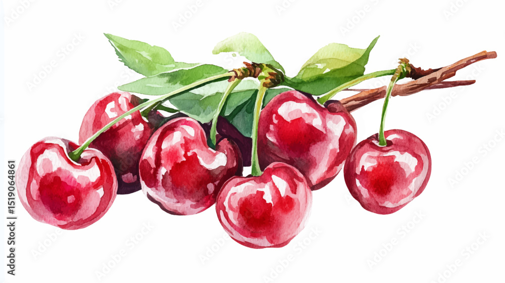 Obraz premium Vector illustration of bunch Cherry, isolated white background, watercolor paint