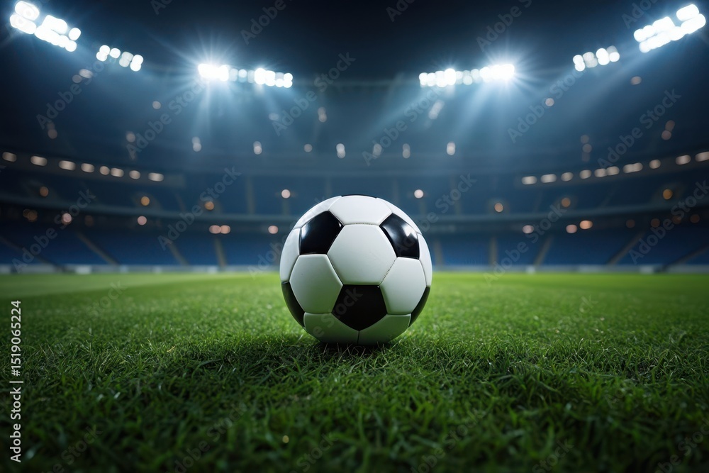 Fototapeta premium Soccer Ball on Green Field in Stadium Lights