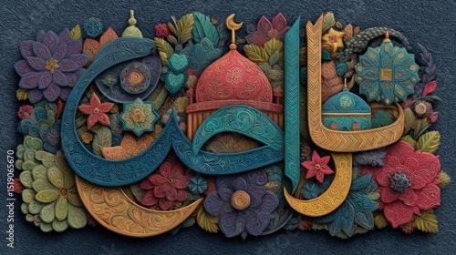 Colorful Eid Mubarak Arabic calligraphy with Islamic elements