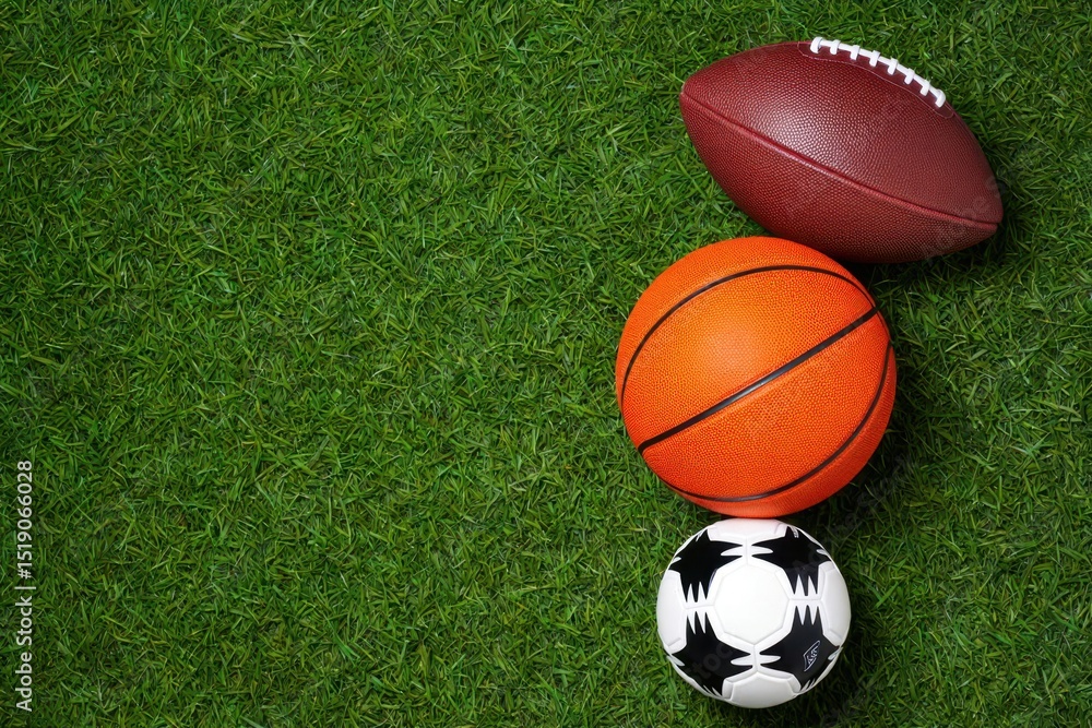 Obraz premium Sports Balls on Green Grass Background
