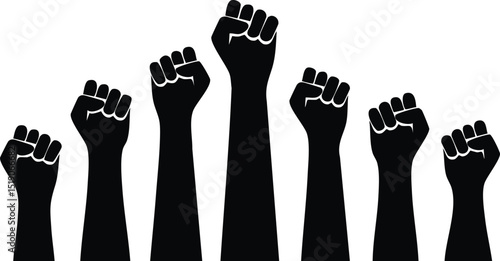 Vector Set of Raised Clenched Fists in Black Silhouette on White Background Representing Protest and Unity


