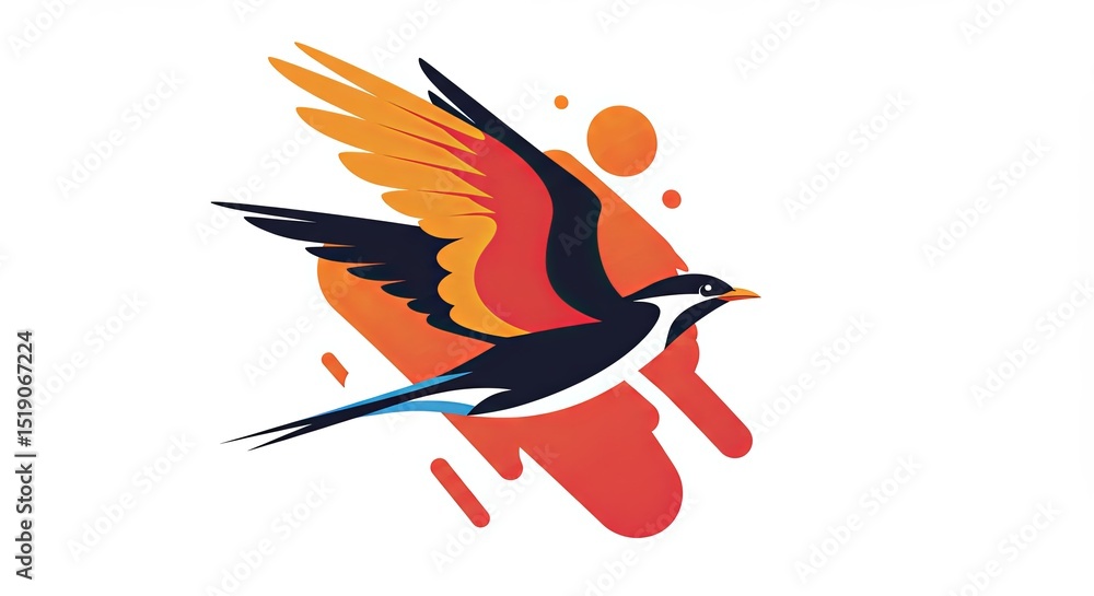 Fototapeta premium A bird with orange and black wings flies over a red background