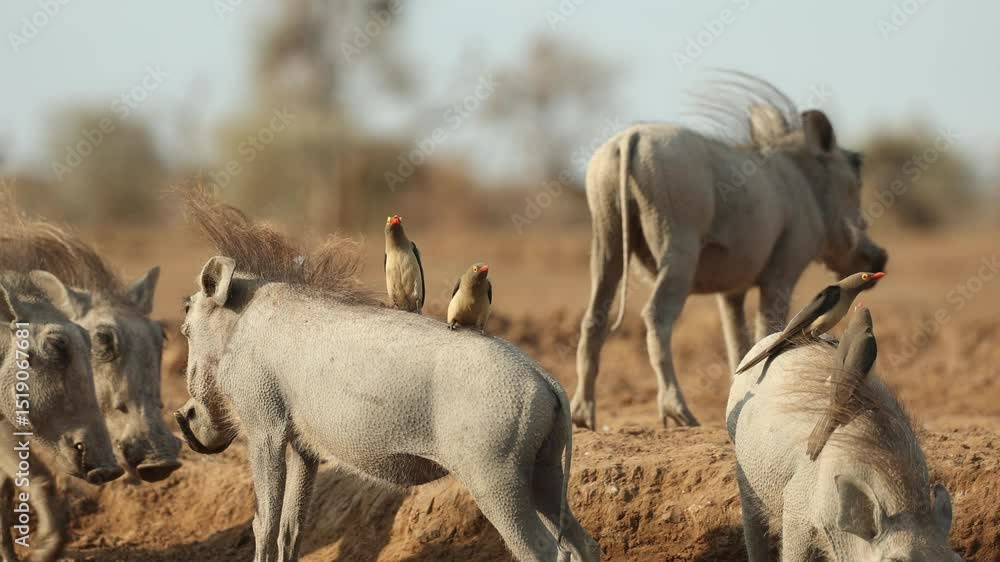 Medium shot of warthog piglets standing close together with red-billed oxpeckers flying and landing on their backs, Mashatu Game Reserve. Medium shot of warthog piglets standing close together with red-billed oxpeckers flying and landing on their backs, Mashatu Game Reserve.