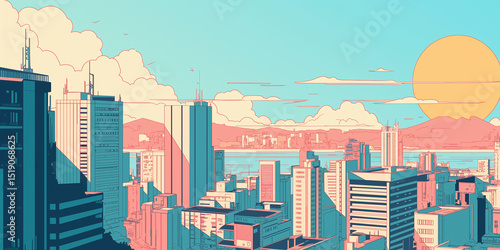 ポップで爽やかな都市の朝焼けイラスト｜高層ビル・太陽・空と雲・ピンクと水色・1980年代のシティポップ調・明るく抽象的な都市風景アート素材