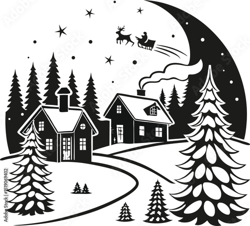 winter village night scene with santa sleigh flying over snowy houses and trees