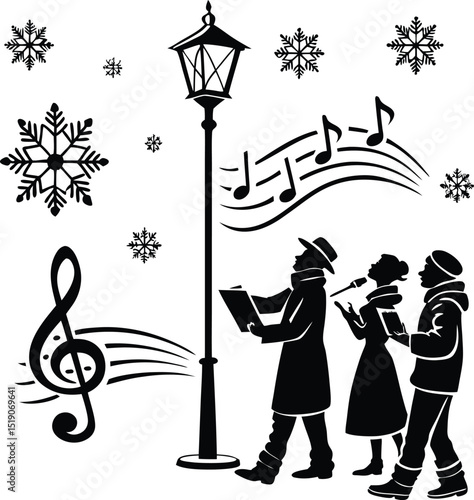 group of people singing carols in winter night with snowflakes and music notes