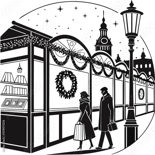 holiday shopping scene with couple walking near decorated christmas market stalls