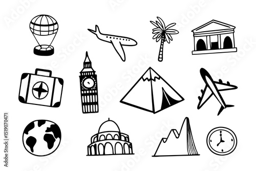 Travel icons world landmarks and transportation