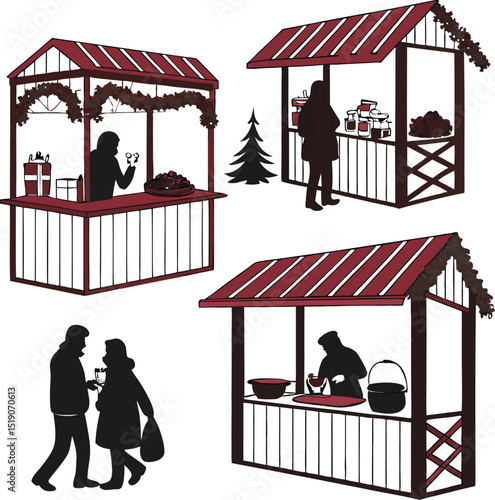christmas market stalls with people shopping and selling festive holiday items