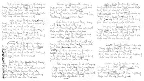 Text hand write for letter or note with redacted scribble. Handwritten cursive script draft with strike and edit for journal elements. Old pencil sketch with unreadable texture and bad mistakes